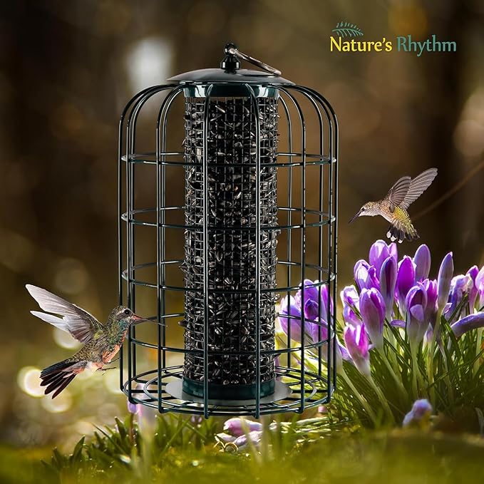 Nature's Rhythm Outdoor Hanging Bird Feeder Cage Mesh Tube Squirrel Proof Wild Bird Feeder with Large Metal Seed Guard Deterrent