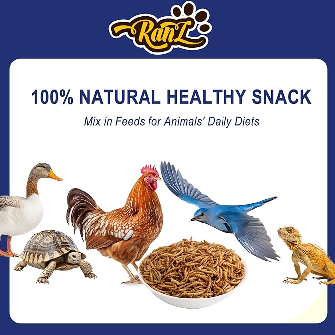 RANZ 5LBS Non-GMO Dried Mealworms for Chickens, High Protein Meal Worms, Premium Chicken Feed, Perfect Bird Food and Chicken Treats, Whole Large Mealworms for Wild Birds, Ducks, Fish