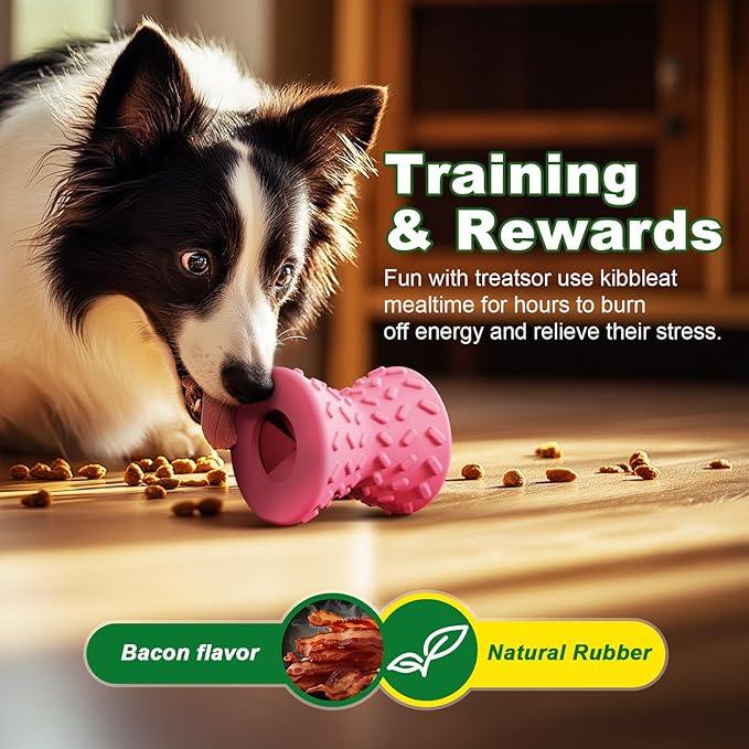 Puppy Toys, Dog Toys for Small Dogs, Treat Toy for Traning, Interactive Toy, Dog Treat Dispenser Toy, Natural Rubber Dumbbell Shaped(Pink)