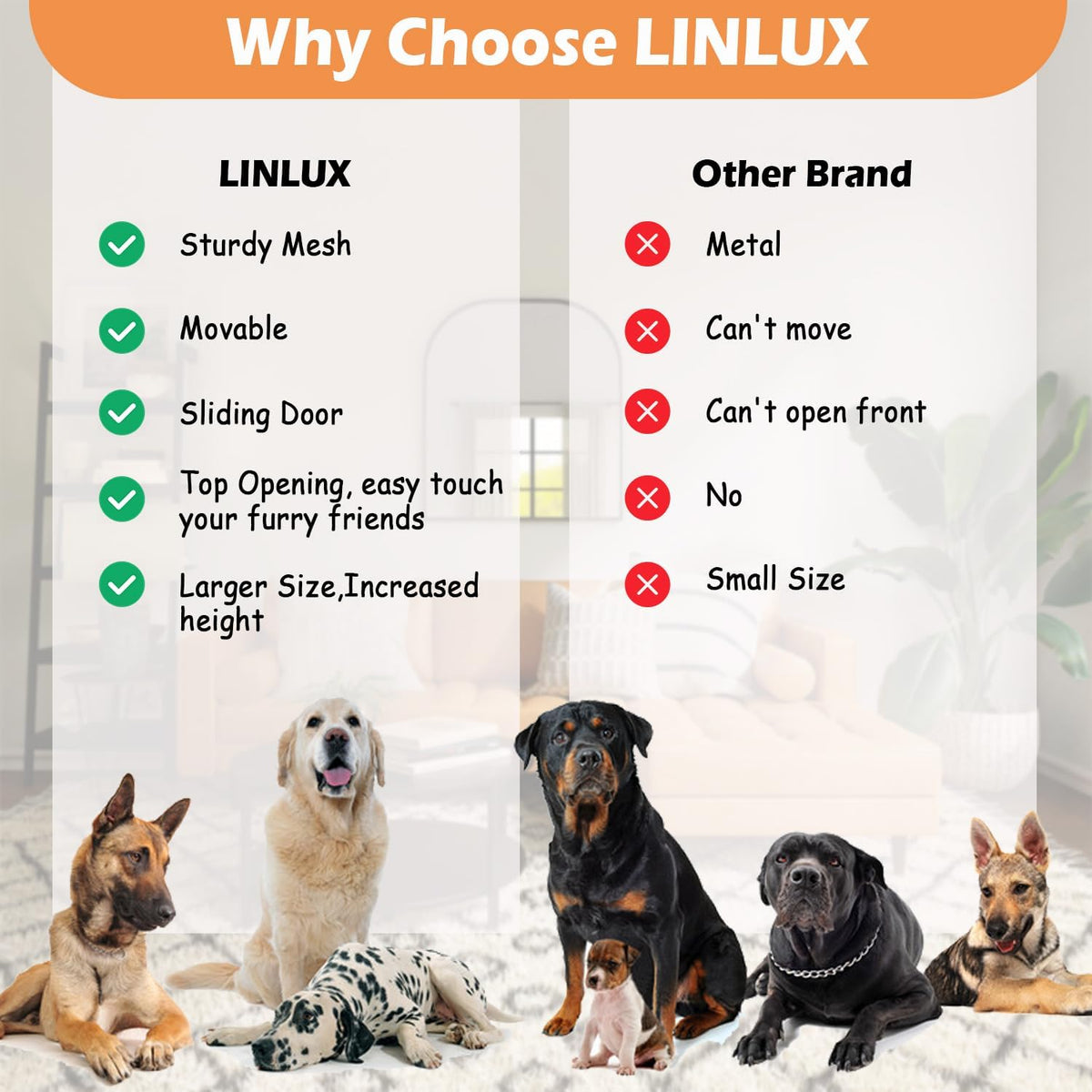 LINLUX 47 Inch XL Dog Crate Furniture, Wooden Heavy Duty Dog Kennel Indoor, Decorative Dog Cage Table for Extra Large Dogs, with Sliding Doors, Wheels and Flip-top Plate