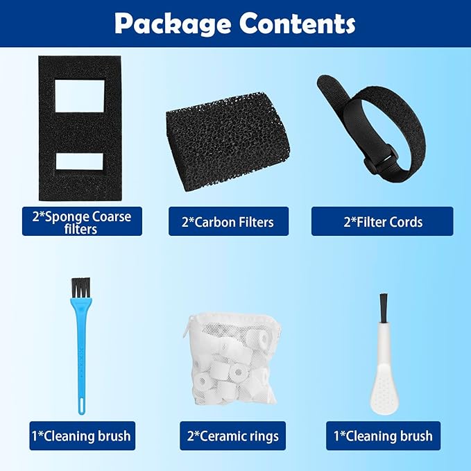 Filter Media Replacement Compatible with Fluval SPEC, EVO, Betta and Flex Desktop Aquarium, Includes 2 Carbon Filter Refills, 2 Foam Filter A1376, 2 Ceramic Rings and 2 Filter Cord