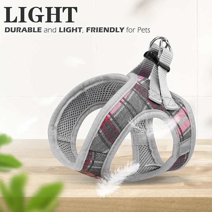 EXPAWLORER Classic Plaid Puppy Harness - Dog Collar and Leash - Soft Mesh Padded Adjustable Step in Small Dog Vest Harness No Pull, Reflective Escape Proof for Outdoor Walking, Grey Small