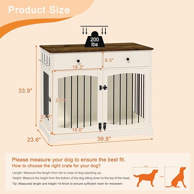 BREEZEHEAT 40 inch Dog Crate Furniture-Farmhouse Dog Kennel with Drawers-End Table Wooden Pet Crate, Double Door Design, Decorative Dog House Indoor for Small Medium Large Dog, White
