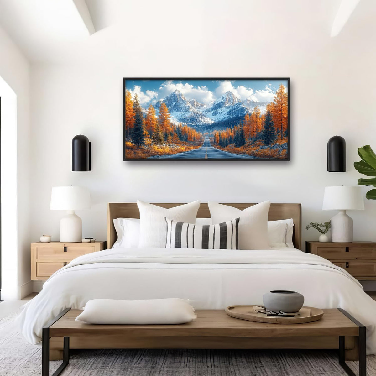 Large Forest Mountain Landscape Wall Art for Living Room, Nature Highway Road Scenery Canvas Oversized Wall Decor, Autumn Framed Pictures Painting Print Artwork for Bedroom Office 60"L x 30"W