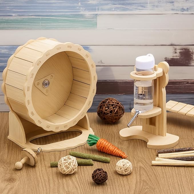 Hamster House Wooden Hamster Wheel & Water Bottle Set, Silent Exercise Wheel 5.9" with Adjustable Water Dispenser Stand, Small Animal Accessories for Ham Ster, Gerbil, Guinea Pig, Mice (3 Pcs)