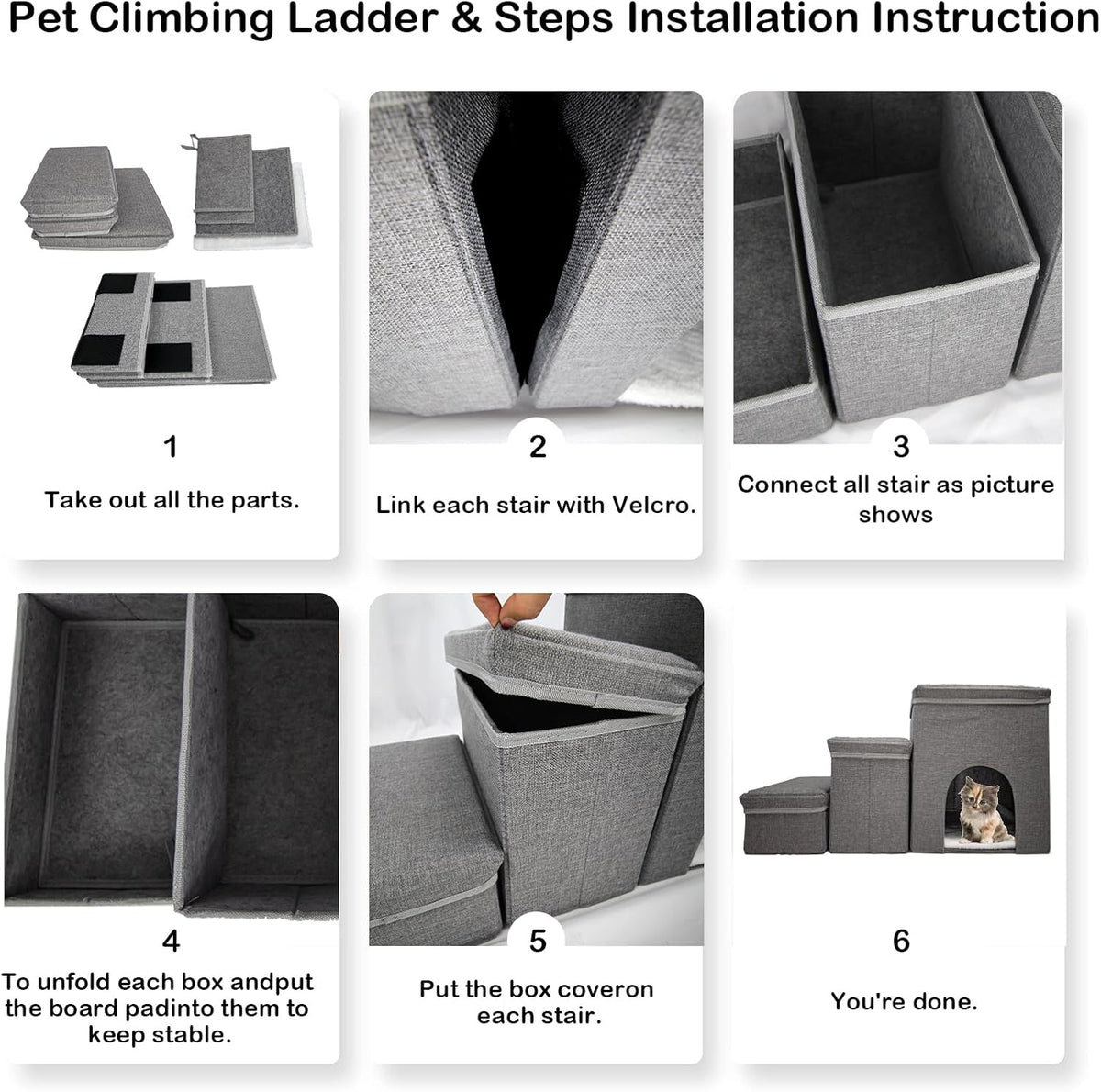 Dog Stairs with Storage Dog Steps for High Beds 3-Step Pet Stairs Ramp with Storage Box and Condo for Small Dogs Cats Pets