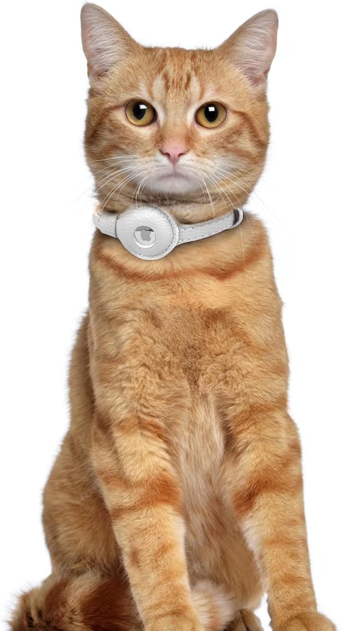 OOPSDOGGY Leather AirTag Cat Collar with Bell - Non Breakaway Kitten Collar with Apple Air Tag Holder - Lightweight GPS Pet Collars for Girl Boy Cats, Small Dogs, Puppies (White)