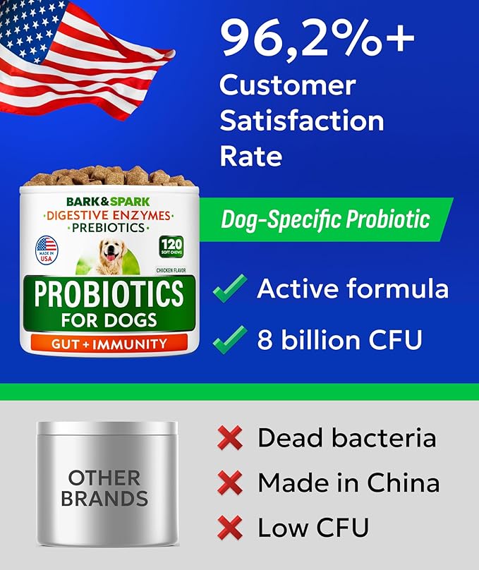 BARK&SPARK Dog Probiotics for Digestive Health w/Enzymes - Diarrhea Gas Treatment Upset Stomach Relief - Allergy & Itchy Skin - Pet Probiotics for Dogs - Digestion Supplement Treat (120Ct Chicken)