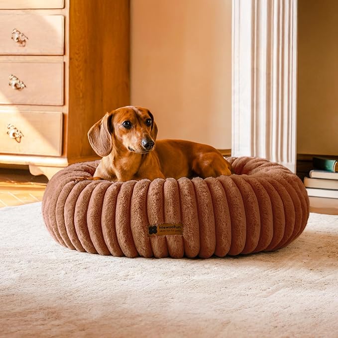 MEWOOFUN Donut Dog Beds for Small Dog, Calming Bed Round Cute Puppy Bed with Non-Slip Bottom, Fluffy Washable Pet Bed for Puppy and Kitten (Dark Brown, XS (20x20x6))