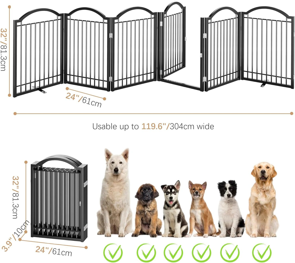 BHG Metal No-Assembly Freestanding Dog Gate with Door Walk Through, Extra Wide 144", Extra Tall 32" Pet Gate, Accordion Puppy Folding Playpen Dog Fence, with 2PCS Support (Black, 6 panesl)