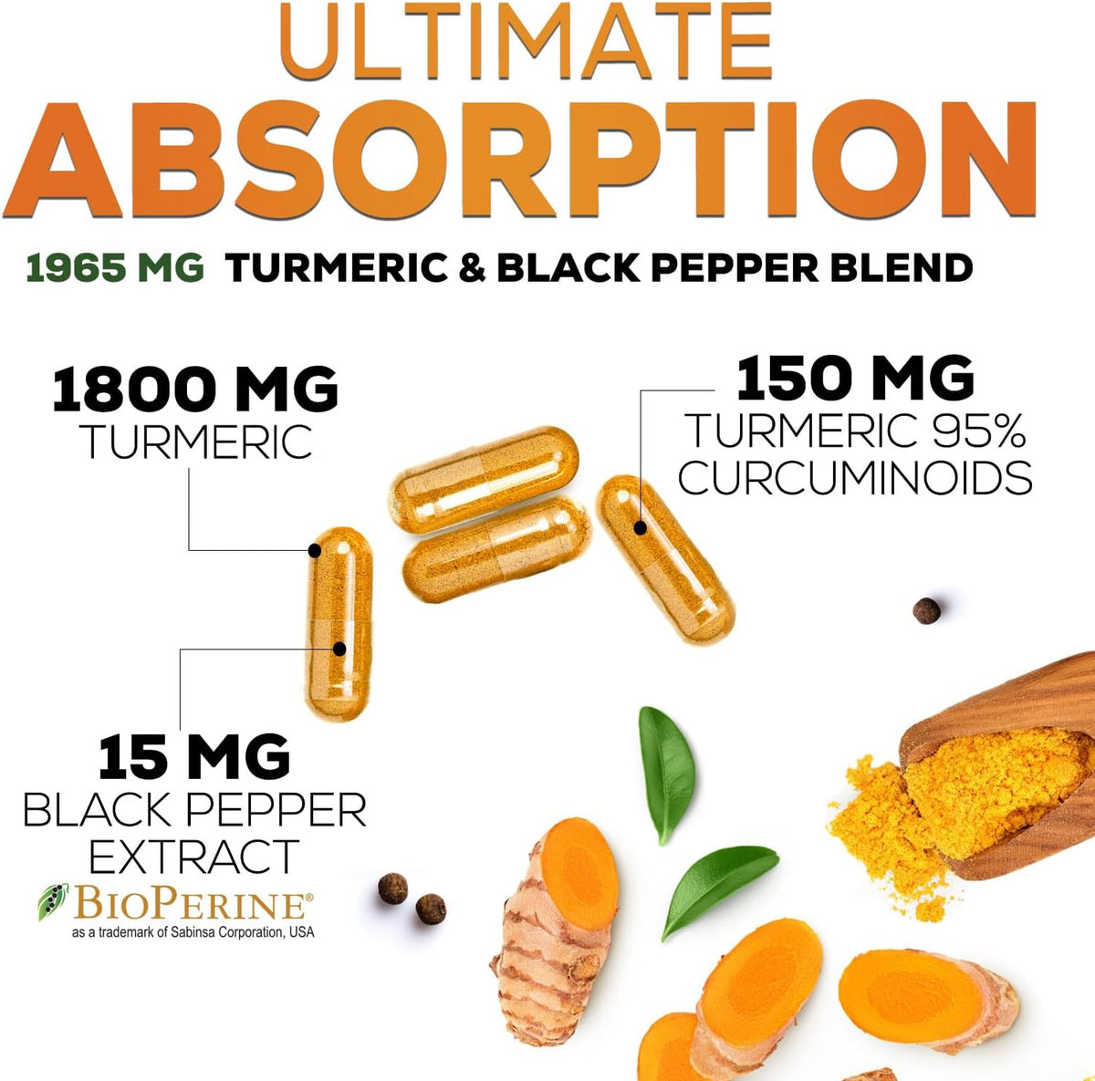 Turmeric Curcumin Supplement 1950mg - 95% Curcuminoids with Organic Turmeric & BioPerine Black Pepper Extract for Best Absorption, Nature's Vegan Joint Support, Non-GMO, Bottled in USA - 180 Capsules