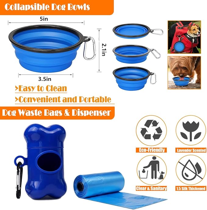 No Pull Dog Harness, Collar & Leash Set | Includes Dog Seat Belt, Collapsible Bowls & Poop Bag Dispenser. Ideal for Training, Walking, Hiking. Fits Small to Large Dogs(Blue-L)