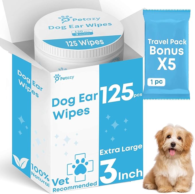 Dog Ear Wipes for Dog Yeast Wax Itch and Odor | Unscented Dog Ear Cleaner for Dogs | Natural Cleaning Puppy Ear Wipes | Soothing Ear Wipes for Pets Cat | Natural Ingredients | 125 XL Pcs