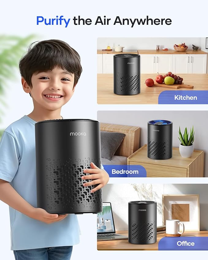 Air Purifiers for Bedroom Home, MOOKA HEPA Air Purifier for Home Pets with Fragrance Sponge for Smoke Dust Pollen Dander Odor, Small Air Purifier with Sleep Mode Night Light Timer, KJ067L, Black
