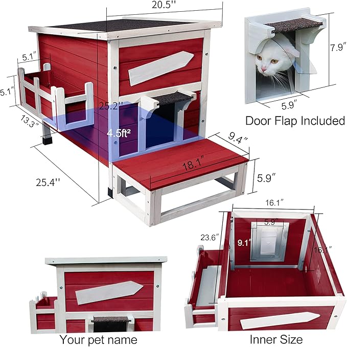 Rockever Outdoor Cat House, Large Outdoor Houses for Feral Cats Wooden Outside Cat Shelter Weatherproof with Escape Door-Red