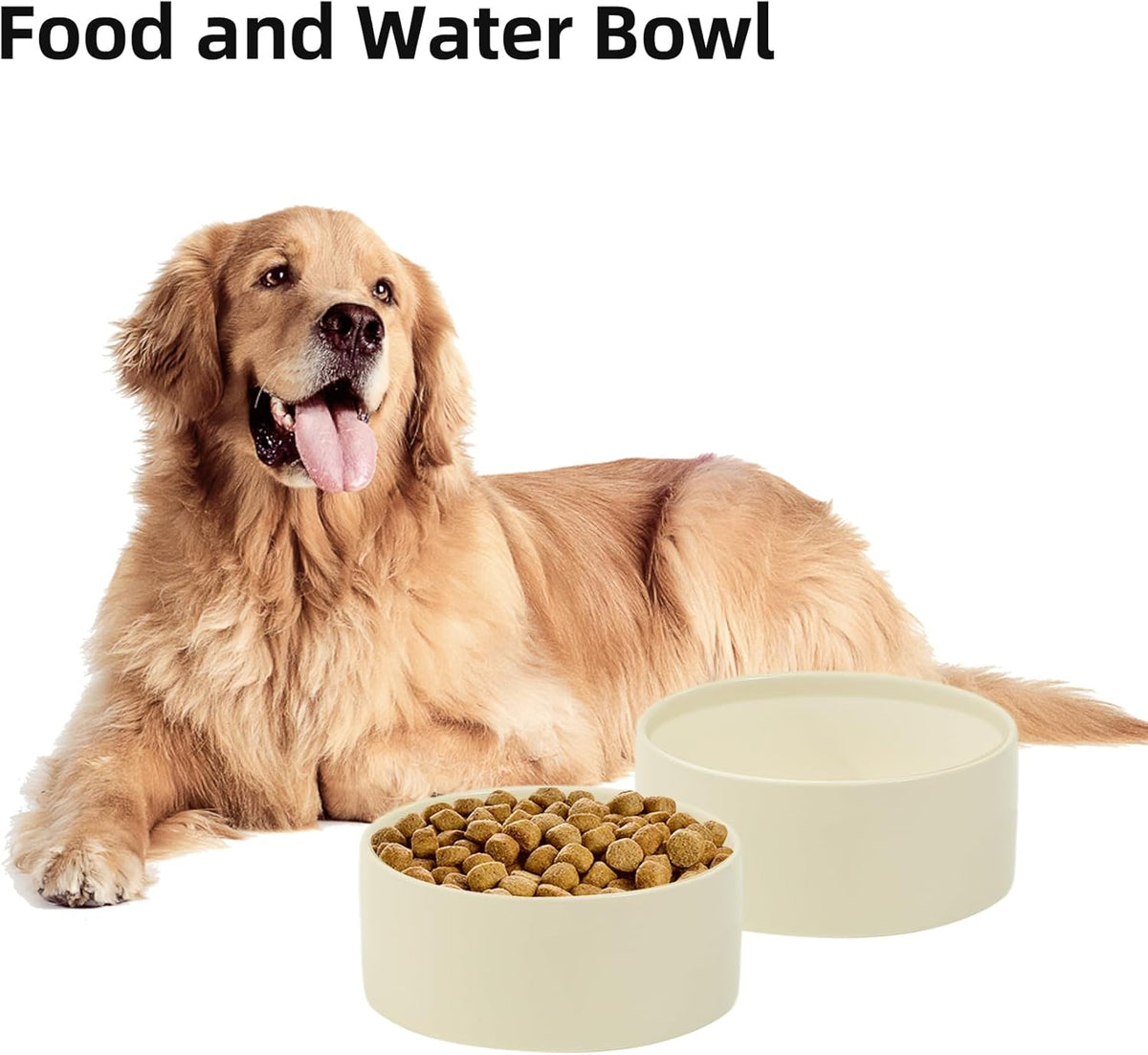 Ceramic 8.2inch Dog Bowl for Large-Breed Dogs, Anti-Slip and Weighted Pet Food and Water Bowl (Single Bowl - Beige)