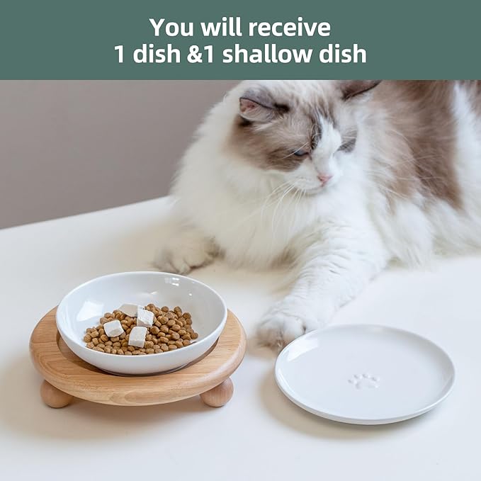Raised Ceramic Wide Whisker Friendly Cat Dishes, Food&Water Bowl with 2 Style Stand Adjustable Pet Bowl Set(1Dish+1Shallow Dish+Stand, White