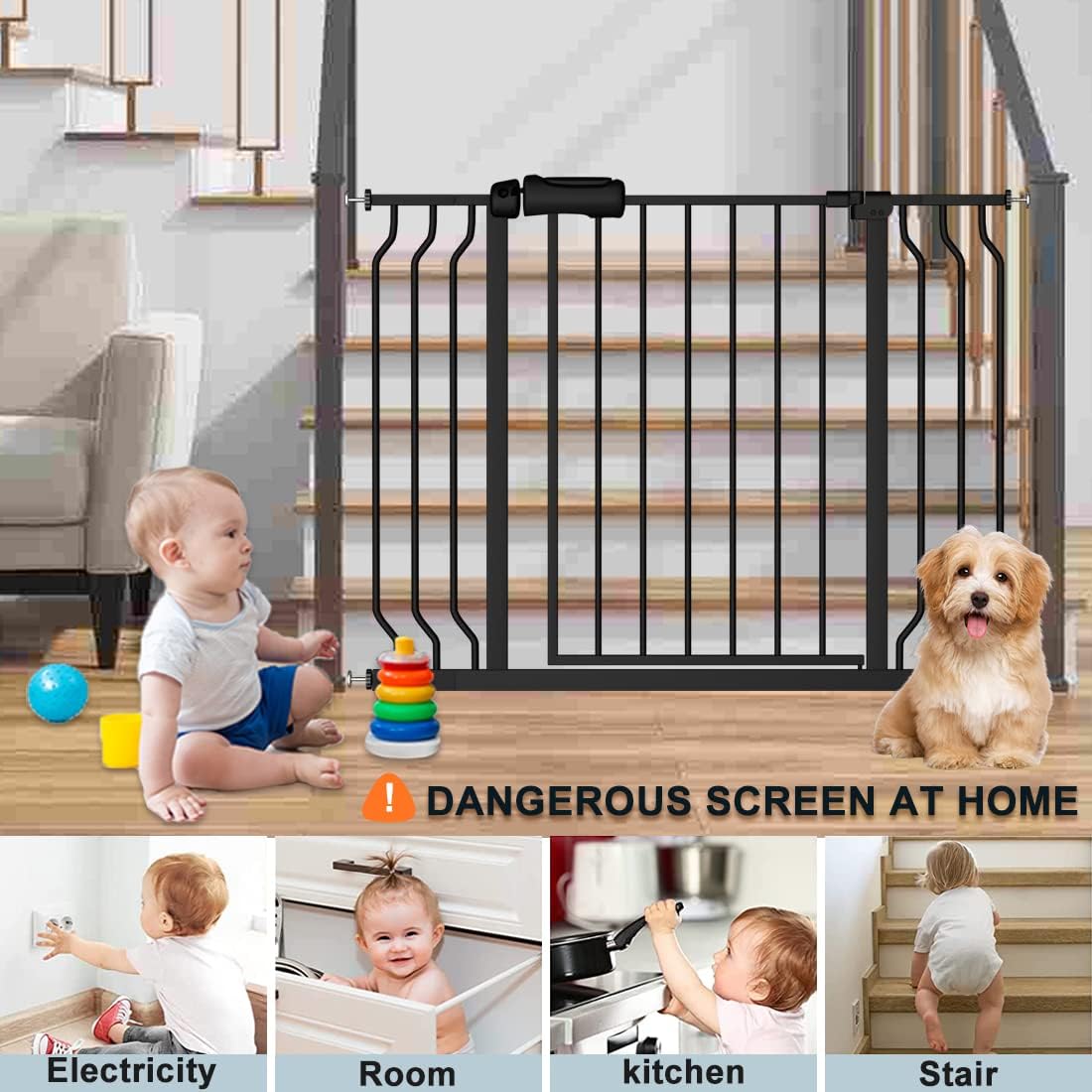 Extra Wide Baby Gate Black 53-57.5 Inch Wide Walk Through Pressure Mounted No Drill Long and Large Tension Metal Gate for Dog and Toddler
