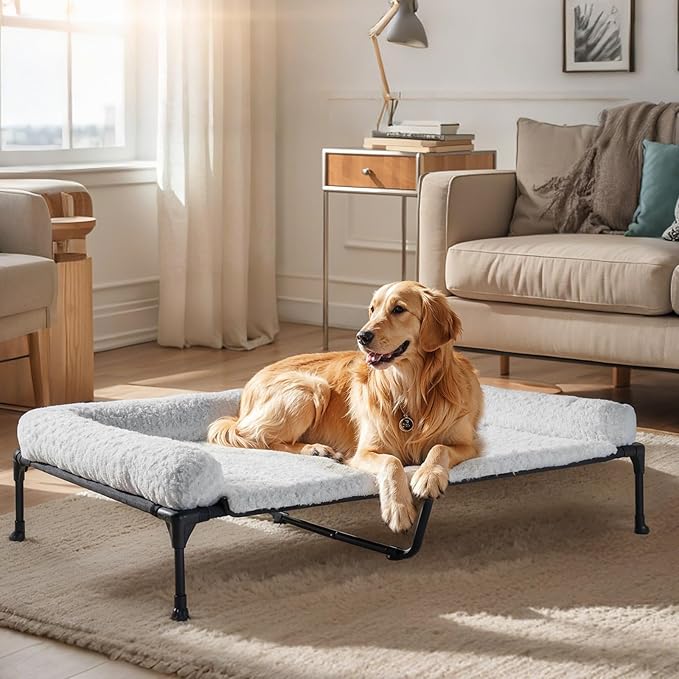 Veehoo Cooling Elevated Dog Bed Add Removable Deluxe Rose Plush Bolster Cushion Mat, 47" x 29" Washable Dog Couch Bed, Raised Pet Cot with Breathable Teslin Mesh, No-Slip Feet, Grey, CWC2439B