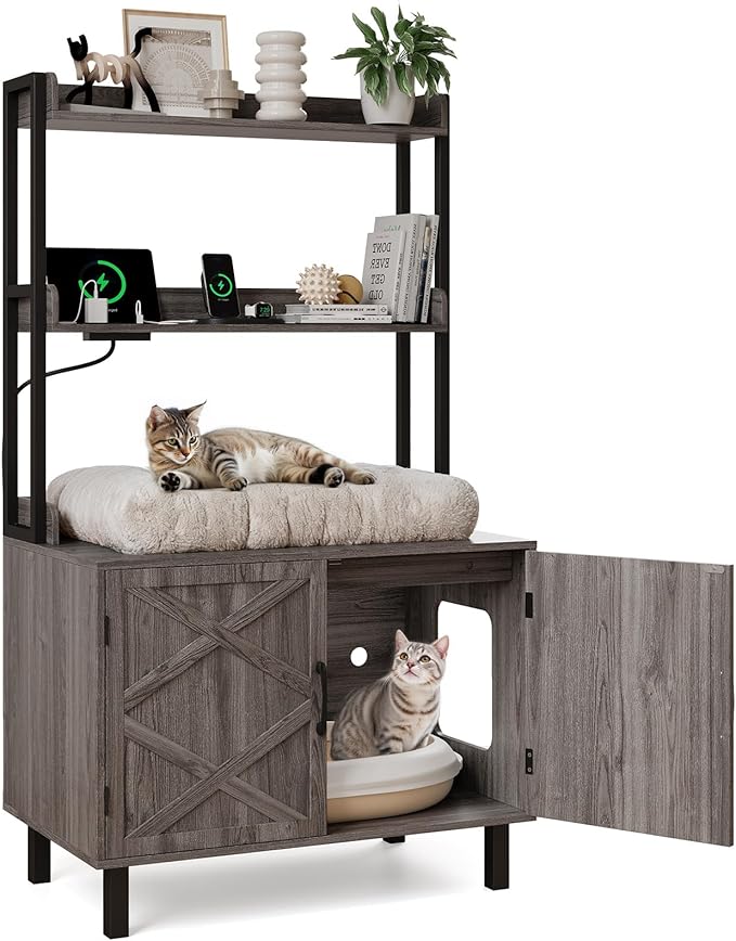 55 Inches Cat Litter Box Enclosure, Hidden Litter Box Furniture with 2 Storage Shelves and Charging Sockets, Wooden Cat House, Large Indoor Cabinet for Living Room & Entryway, Grey