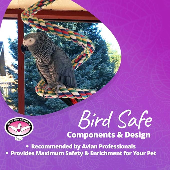 Super Bird Creations - SB326 Large to XL Bungee Bird Toy - Rope Perch for Amazons, African Greys, Cockatoos, Parrots - Colorful Hanging Perch - Enriching Bungee Toy for Large/XL Birds & in Bird Cages