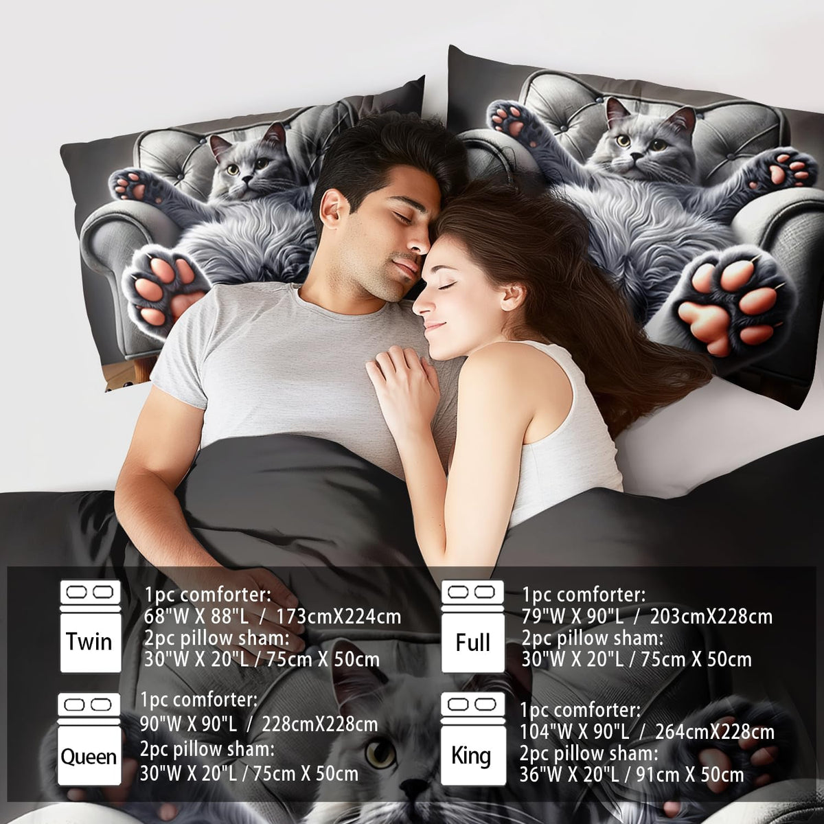 Cute Cat Comforter Set Queen,Grey Kawaii Cat Bedding Set Adult,Cute Animal Comforter for Boy,American Shorthair Bedding Grey,Kawaii Animal Print Quilt Bedroom Decor Kids