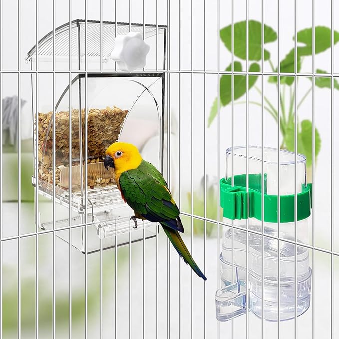 Hamiledyi No Mess Bird Feeders Water Dispenser Set Automatic Parakeet Cage Feeder with Perch Transparent Acrylic Container Parrot Cage Accessories for Canary Budgie Lovebirds Finches