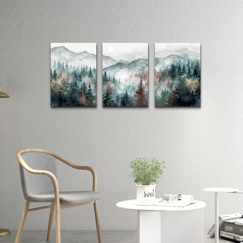 TTHYUEWS Farmhouse Wall Art For Bedroom Wall Decor For Living Room Wall Pictures for Office Fog Forest Mountain Landscape Watercolour Painting Artwork Modern Home Decorations Ready To Hang 3 Piece