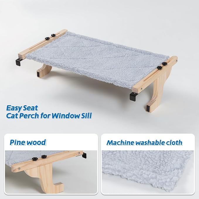 Easy Seat Cat Perch for Window Sill - Hammock Design w/Pine Wood & Robust Metal Frame - Cat Window Seat for Large Cats and Kittens (Natural Color Wood w/Gray Bed, Large (26''W x 14''D))