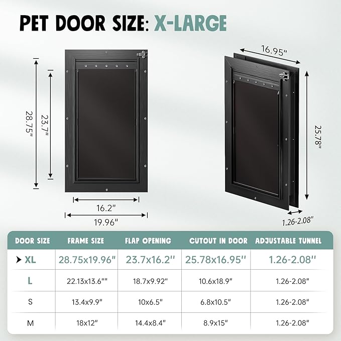 Extra Large Dog Door for Door All Aluminum 3 Flaps Black, Heavy Duty XL Dog Door for Dogs, Large Pet Door, with Insulation Flap and Lockable Closing Panel, Durable Rust Resistant, for Pet Up to 220lbs