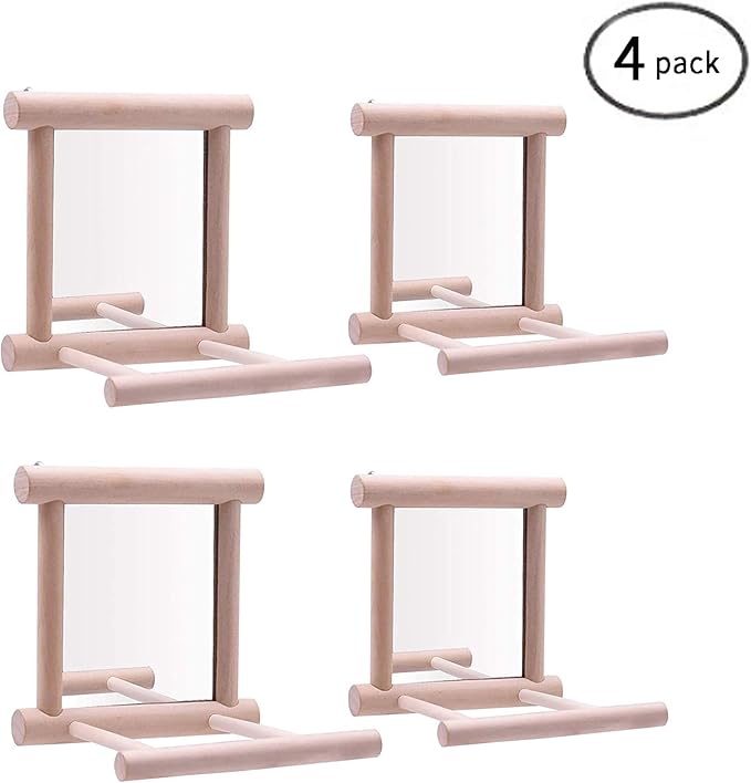 HANZE Bird Mirror With Swing, Hummingbird Perches for Parrots Stand, Wooden Toy for Macaws, Lovebird, Cockatoo, Parakeet, Conure, Finch, Cockatiels - 4 Pack