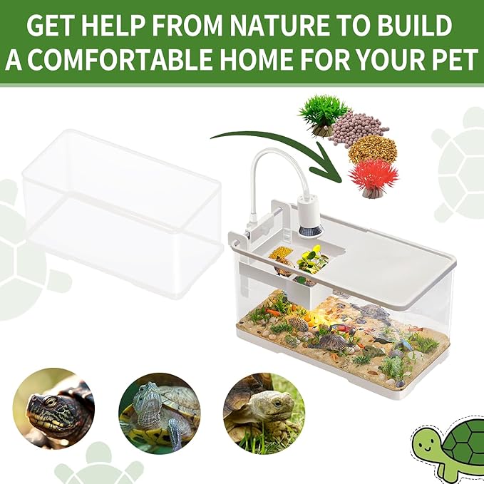 (Tank + Light + Filter + Filter Balls) Turtle Tank Kit, Turtle Tank Starter Kit,Bottom Drainage, Multi-Function Areas for Turtles, Crabs,Fishes, Amphibians,Reptiles. (15.75 x 8.64 x 8.64 Inch)