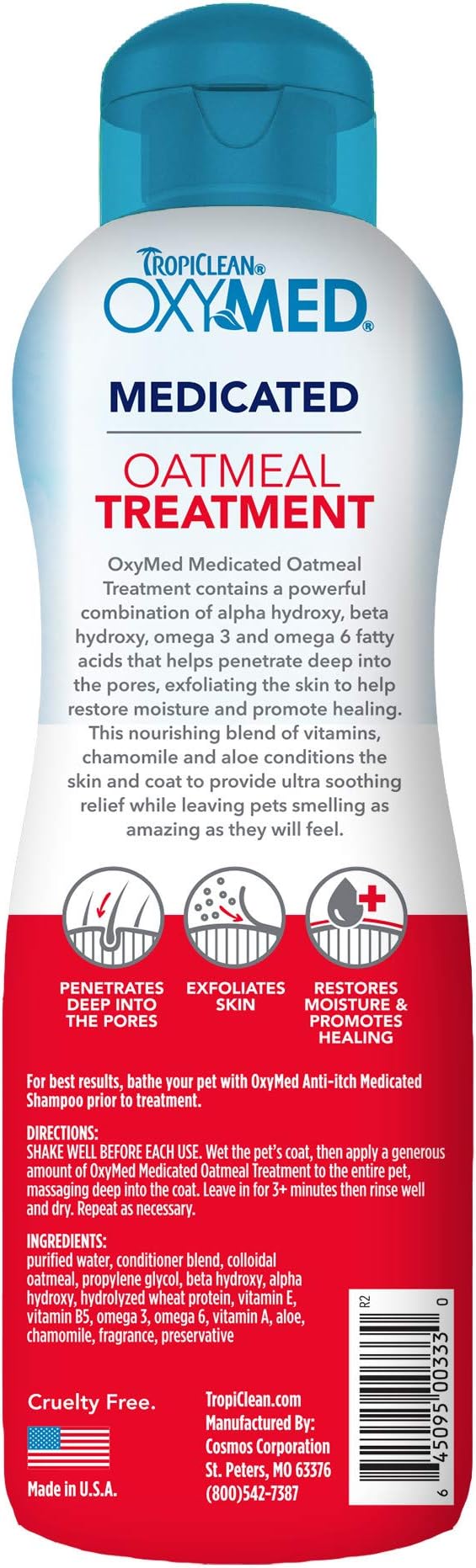 TropiClean Oxymed Medicated Cat & Dog Conditioner For Itchy Skin | Skin Soothing Oatmeal Conditioner For Dogs & Cats | 20 oz