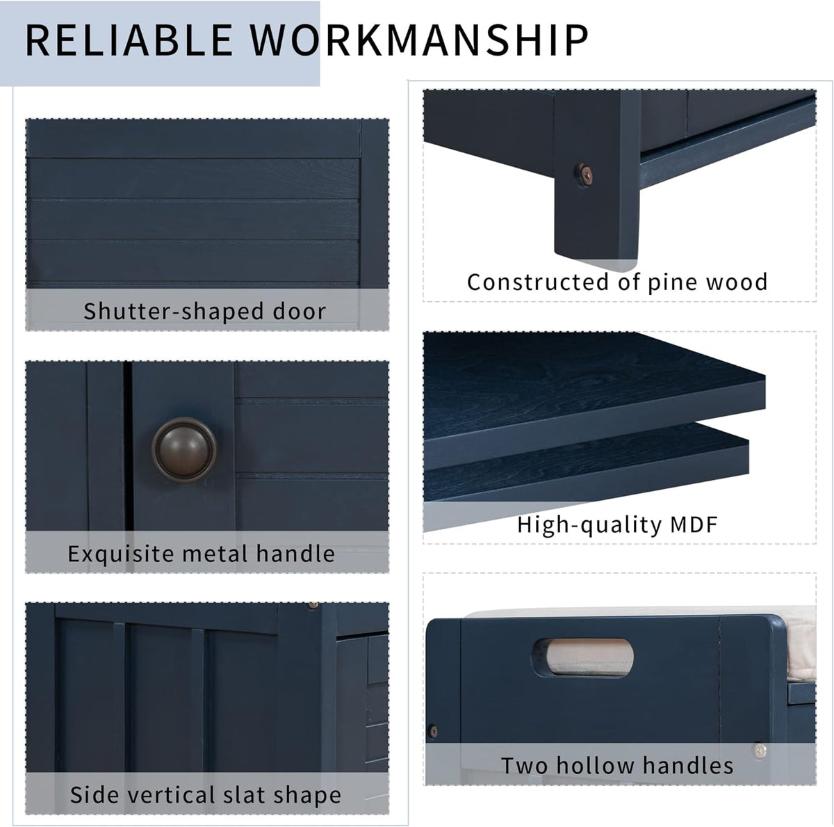 Storage Bench with 3 Shutter-Shaped Doors, Pine Wood Shoe Bench with Removable Cushion and Hidden Storage Space for Entryway Living Room 43.5" L * 16" W * 18" H, Antique Navy