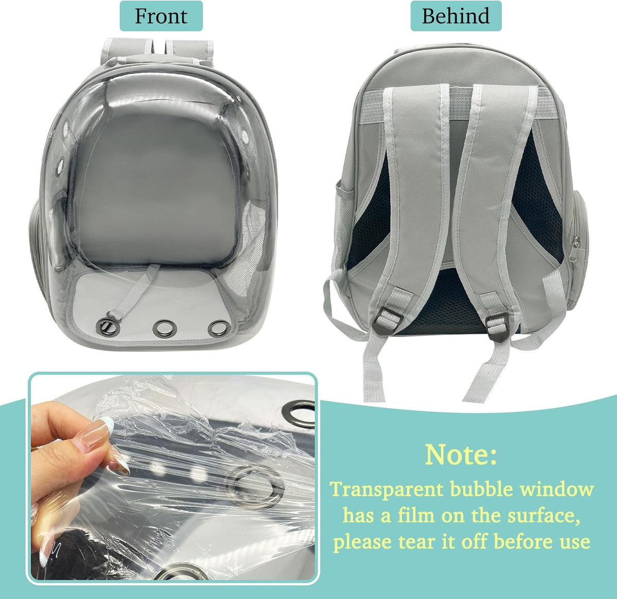 PINVNBY Bearded Dragon Carrier Backpack with Harness and Leash Set Large Reptile Travel Carrier Portable Lizard Backpack Clear Bubble Window Small Animal Carrying Bag for Gecko Kitten Rabbit (Gray)