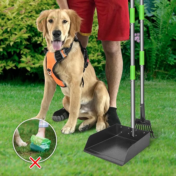 TOOGE Larger Pooper Scooper for Large Dogs, Dog Pooper Scooper Long Handle Stainless Metal Tray and Rake Set for Large Medium Small Dogs Heavy Duty (Green) (Extra Large)