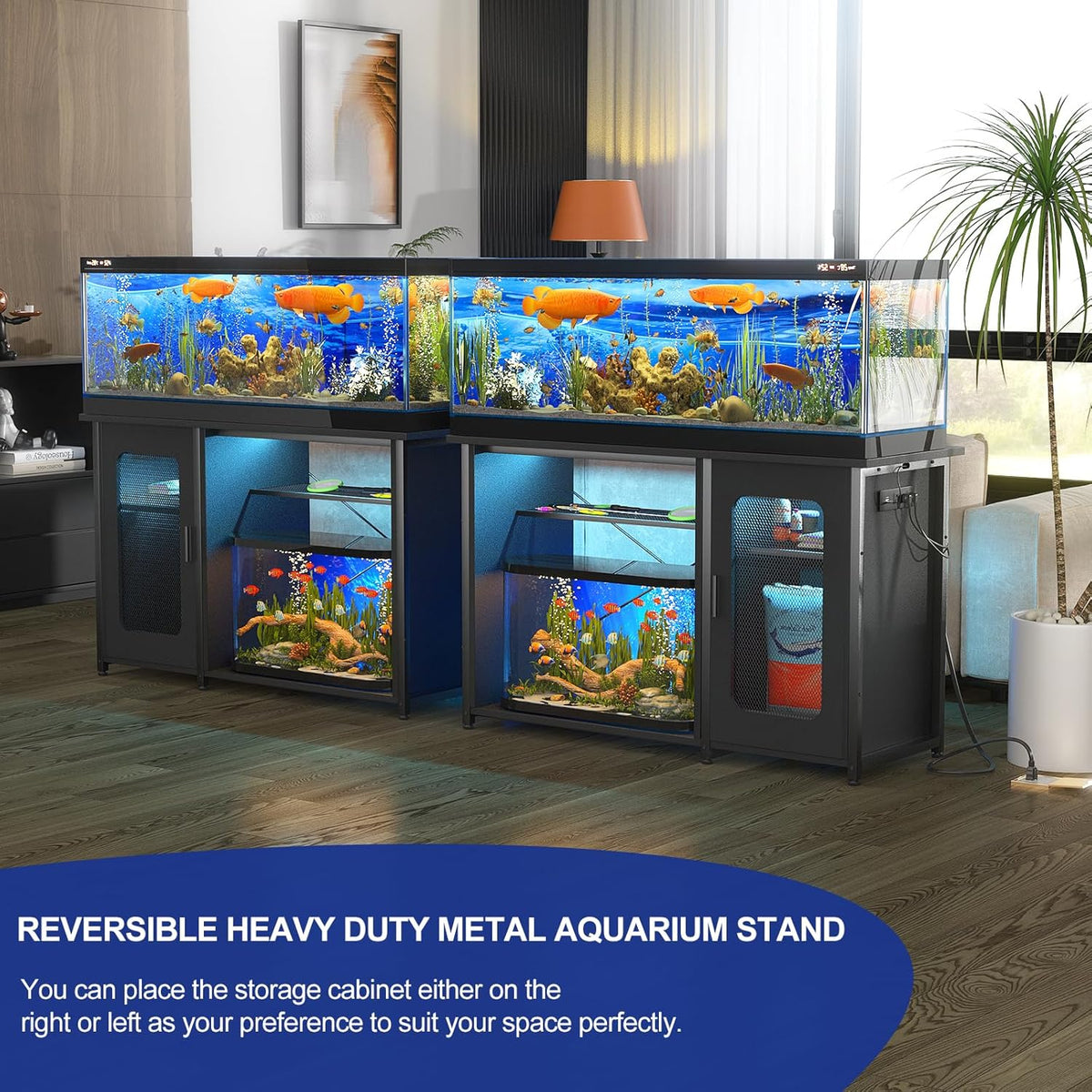 55-75 Gallon Fish Tank Stand with Power Outlets & LED Light, Reversible Heavy Duty Metal Aquarium Stand with Cabinet for Fish Tank Accessories Storage, Turtle/Reptile Terrariums, Black