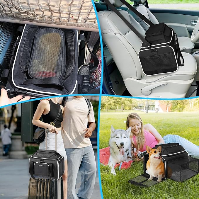 Petskd Top and Side Expandable Pet Carrier 17x11x9.5 Inches Alaska Airline Approved, Soft-Sided Carrier for Small Cats and Dogs with Locking Safety Zippers and Anti-Scratch Mesh(Black)