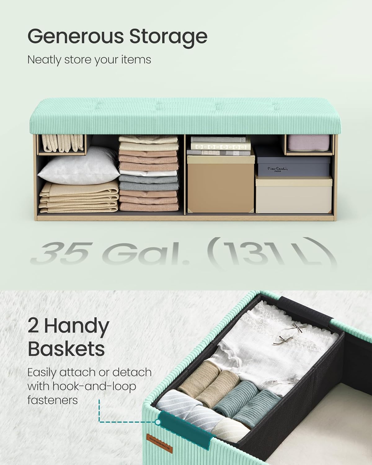 SONGMICS MAZIE Collection - Storage Ottoman Bench, Foldable Foot Rest, 15 x 43 x 15 Inches, End of Bed Bench, Storage Chest, Load 660 lb, Living Room, Bedroom, Entryway, Moonlight Green ULSF604C01