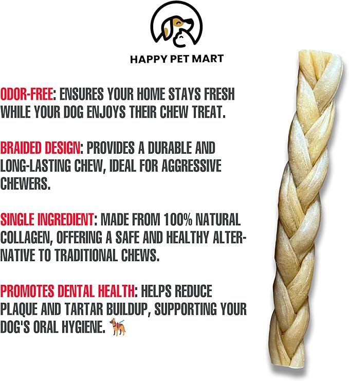 Odor-Free Super Braided Collagen Dog Chews (10-Inch). - Long-Lasting Bully Stick & Rawhide Alternative, Single Ingredient Chew Treat for Aggressive Chewers (Pack of 10)