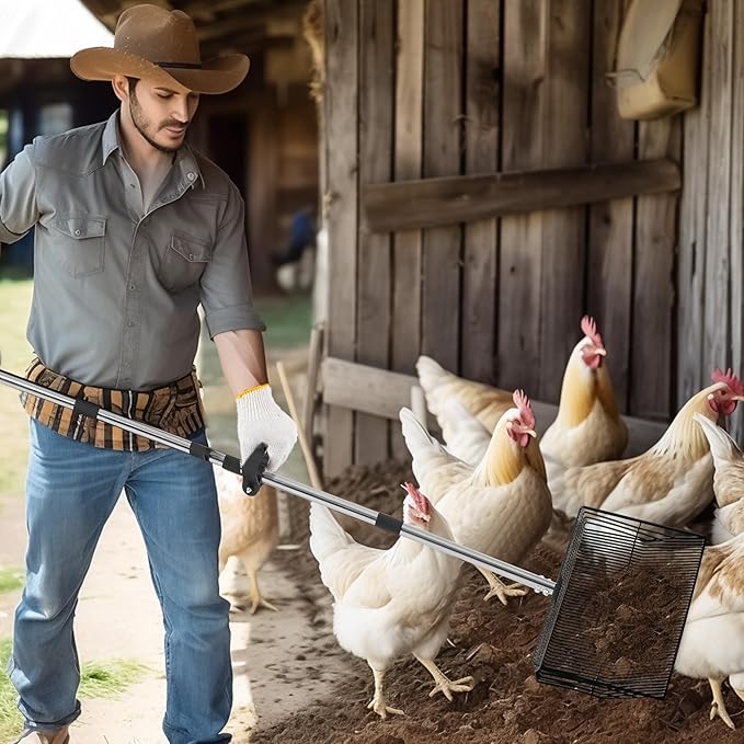 15-inch Large Chicken Poop Scooper, 5 in 1 Adjustable Chicken Coop Scoop with Ergonomic Grip, 24" to 77" Long Stainless Steel Sifting Litter Shovel Pooper Scooper Chicken Coop Accessories