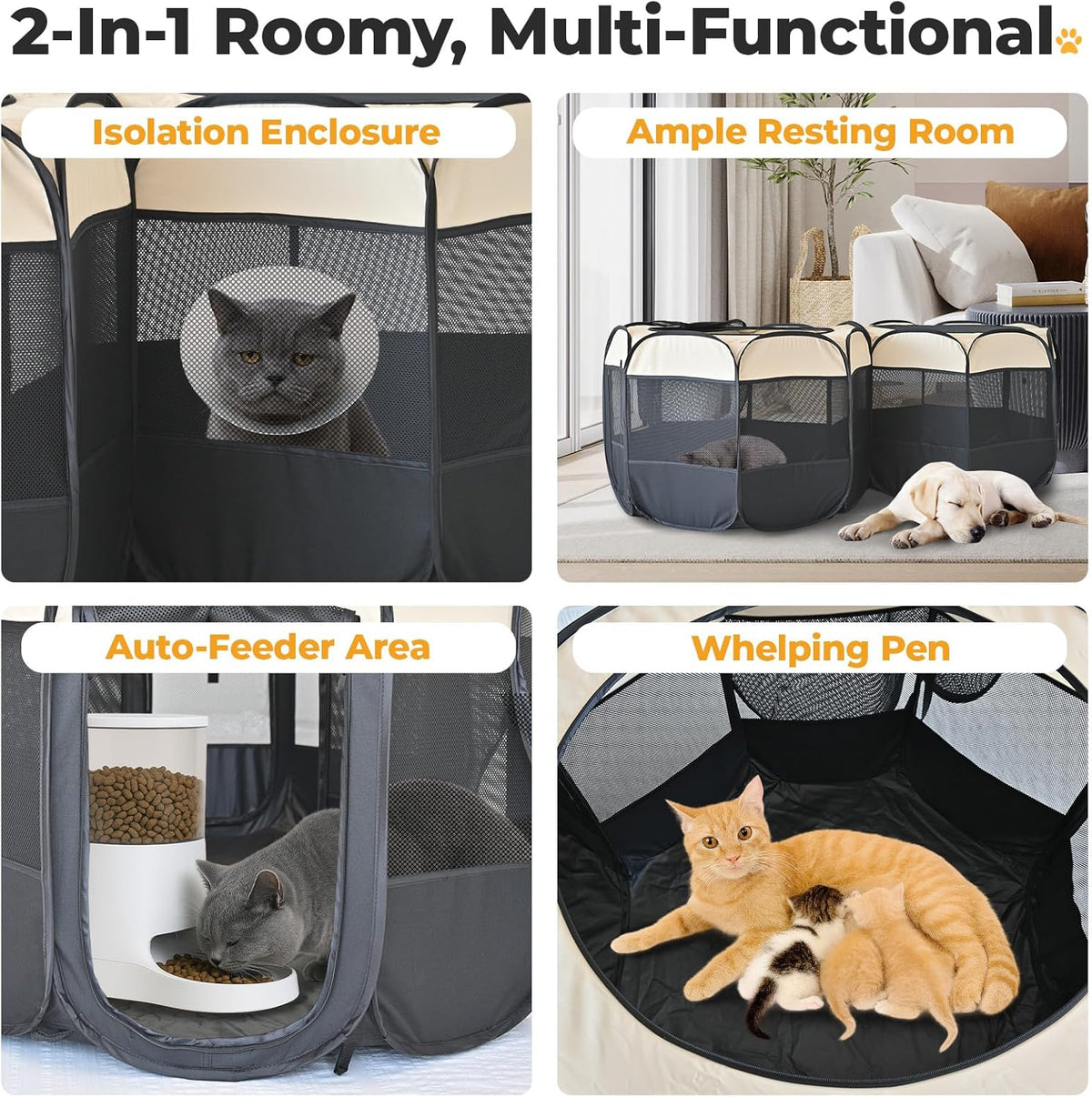 EighteenTek 2-in-1 Pop Up Cat Playpen XLarge, Dog Puppy Pet Playpen, Indoor Outdoor Cats Enclosed, Cat Tent House Crate Cage, Portable & Foldable Playpen for Kittens(No Divider, Unified Space)