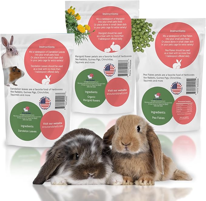 Snout and Shell Small Animal Treats – Pea Flakes, Dandelion Leaf (1oz), Marigold Flowers (0.5oz) – Natural Foraging Snacks for Rabbits, Guinea Pigs, Chinchillas, Hamsters & More