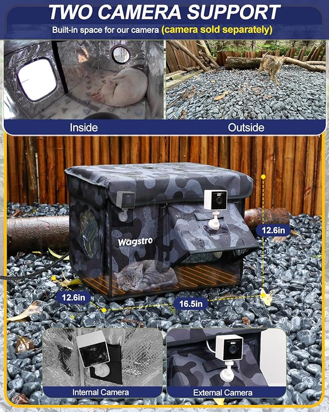 Heated Cat House for Outside, Waterproof Awning & Escape Door Heated Cat Houses for Indoor/Outdoor Cats in Winter, Elevated & Insulated Outdoor Cat Shelter for Feral Cat(Black Camo, 16.5"x12.6"x12.6")