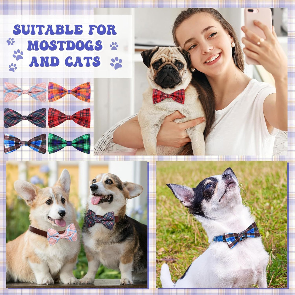 Reginary 50 Pieces Dog Bow Ties Pet Collar Bow Puppy Collar Attachment with Rubber Bands for Small Medium Cat Pet Grooming Charms Accessories Wedding Birthday Occasion(Plaid Style)