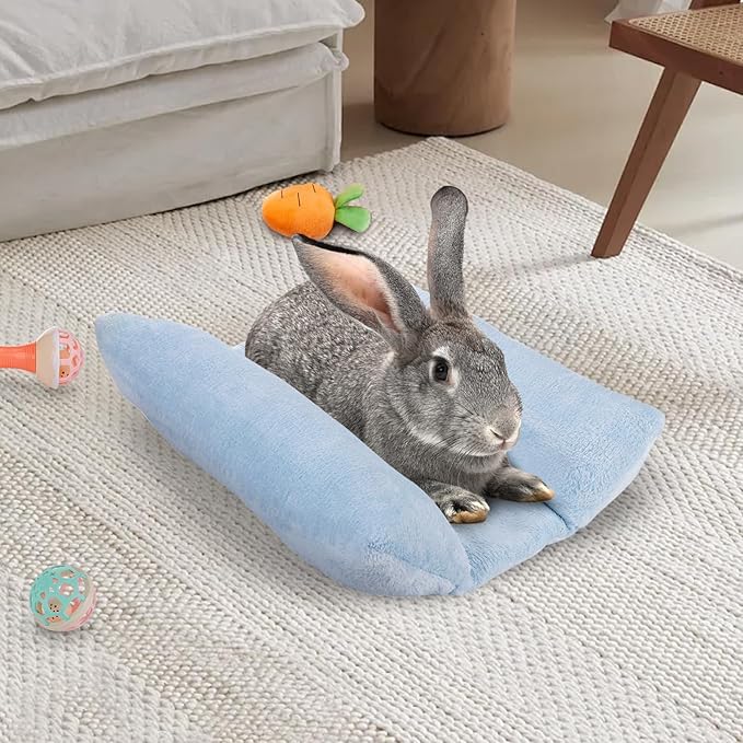 MEWTOGO 15.7 x 14In Rabbit Bed - Thickened Soft Bunny Concave Bed, Cuddle Cushion Plush Mat with Cotton Lounger Pillows, Small Pet Flop Mat for Cage Sleeping Indoor Bunny Gifts, Light Blue