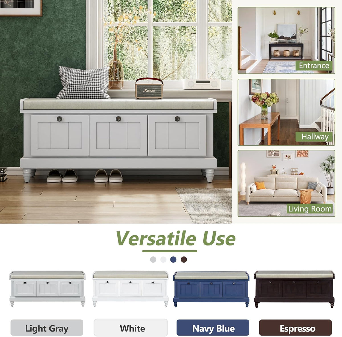 Classic Shoe Storage Bench with Cushion and Three Drawers, Fluted Entryway Bench with Storage for Entryway, Living Room, Hallways 44.0" L x 15.9" W x 18.9" H Gray Wash