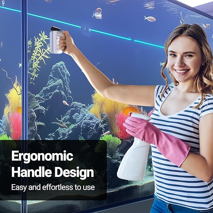 Aquarium Magnet Glass Cleaner, Magnetic Fish Tank Cleaner with Algae Scraper, Double Sided Cleaning Scrubber Brush with Handle, Titanium Blade, Self-Floating, Fit 1/4"-1/2" Thick Glass, Large