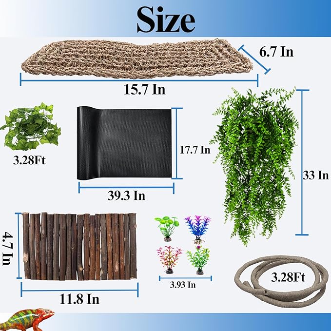 HERCOCCI Bearded Dragon Tank Accessories, Reptile Mat Bridge Hammock Flexible - Jungle Climbing Vines and Leaves with Suction Cups Habitat Décor for Hiding& Climbing Snake Gecko Lizard Chameleon