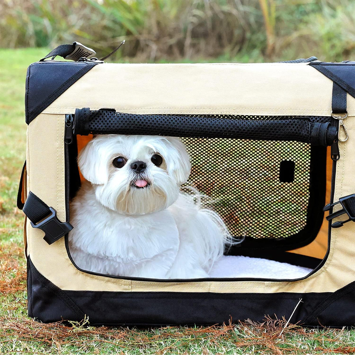 Pettycare 30 Inch Collapsible Dog Crate for Medium Dogs, 4-Door Foldable Soft Dog Kennel with Chew Proof Mesh Windows, Indoor & Outdoor Travel Dog Crate, Beige